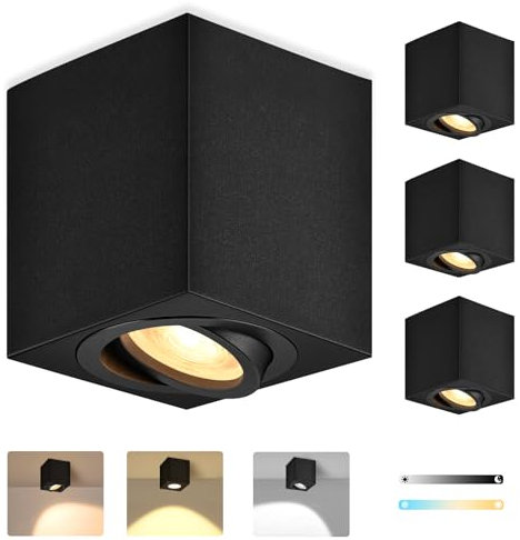 GeyouLux 4x 3CCT LED Aufbauspot Eckig Schwarz, Ø80x84mm Deckenspots inkl. 5W Dimmbar LED Modul Aufbaustrahler 30° schwenkbar Aluminium Deckenleuchte 230V, Aufbauleuchte, Aufputz Deckenstrahler