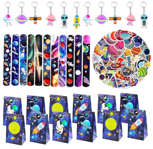 86pcs Weltraum Mitgebsel Kindergeburtstag Set,Astronaut Party Gastgeschenke Kinder mit Schlüsselanhänger Schnapparmbänder Geschenktüten Tattoo Aufkleber für Kinder Jungen Mädchen Geburtstagsdeko