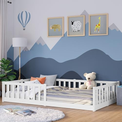 Bellabino Vere Bodenbett 120x200 cm – Montessori Kinderbett mit Matratze, Rausfallschutz & Lattenrost – Jungen & Mädchen Kinder Bett aus Holz Kiefer – Kleinkindbett in Weiß