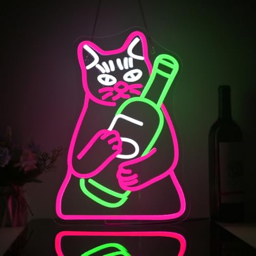 Looklight Katze Bierflasche Neon Schild,Led Schild Wanddekoration Tier Dimmbare,Led Sign Drinking Bier Cat für Wand Dekor Licht up Tier mit USB für Bier Bar Party Geburtstagsfeier Geschenk
