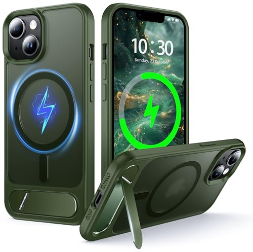 NJROW Magnetic Stand for iPhone 13 Case/iPhone 14 Case Compatible with MagSafe [Stand & Wireless Charging 2in1] [Flush Hidden Kickstand] [Military Shockproof] Slim Translucent Matte Silicone,Green