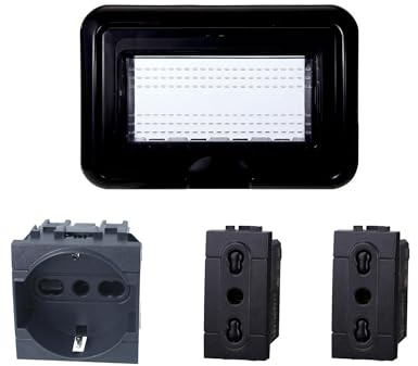 Kit Placca Scatola 504 Premontato IP55, 4 Moduli 1 Presa Schuko P40 + 2 Prese Bipasso, Compatibile Con Bticino Living, Colore Nero, Placca Stagna Idrobox Incasso Da Esterno