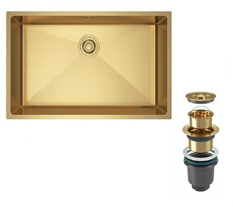 QLS Küchenspüle 74x44 cm mit Siphon aus Edelstahl Unterbau Gold | Unterstützt komfortables Arbeiten in der Küche, hitzebeständig und korrosionsbeständig, mit tiefem Becken und Überlauf
