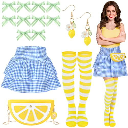 Breathffy 5-teiliges Erdbeer-Zitronen-Kuchen-Kostüm, Halloween-Y2K-Kuchen-Kostüm-Zubehör-Set für Damen und Mädchen, 2000er-Jahre Outfits