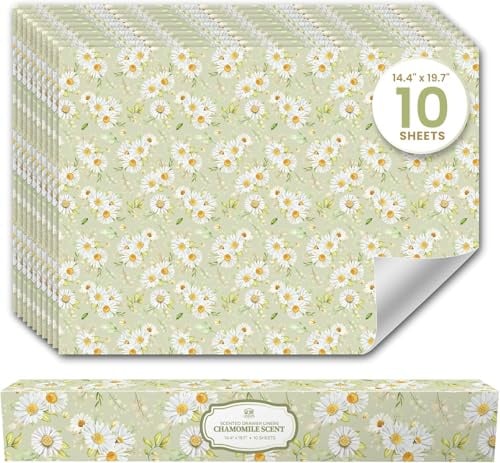 Chamomile Scented Drawer Liners (10 Large Sheets, 50cm x 36.5cm) - Non Adhesive Drawer Fresheners & Lining Paper for Drawers, Bedroom & Wardrobe Shelves - Drawer Liners Scented for Clothes