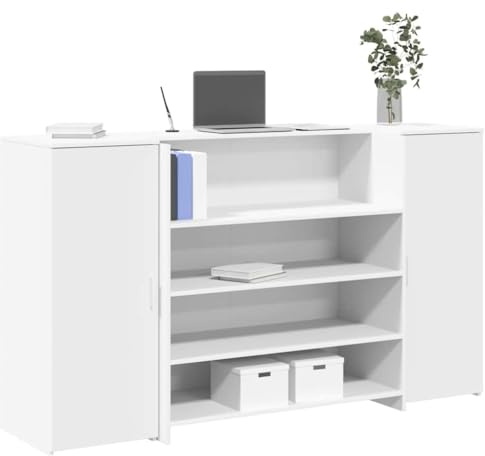 Yunovire Empfangstresen Weiß, 180x50x103,5 cm, Holzwerkstoff, mit Schränken, für Büro, Praxis, Hotel, moderner Arbeitsplatz mit Stauraum