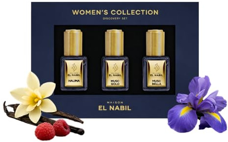 Maison El Nabil Women Discovery Set - Coffret 3 Roll-On 5ml Femme | Trio Halima, Musc Gold et Musc Bella, extraits de parfum sans alcool gourmands et floraux, idée cadeau