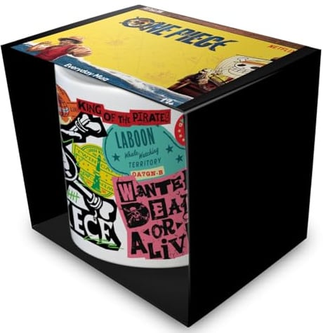 One Piece Tazza in ceramica con 2 adesivi Live Action da 315 ml, tazza da caffè bianca con licenza ufficiale, tazza da tè grafica con personaggio, regalo per fan dell'anime