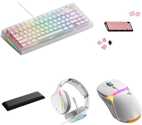 GLORIOUS Bundle of Pack Esthétique Clavier GMMK 3 MX 75% Blanc US, Touches Potion Pink QWERTY, Souris Model O 3 sans Fil Blanche, Casque GHS Eternal RGB Blanc et Repose-Poignets