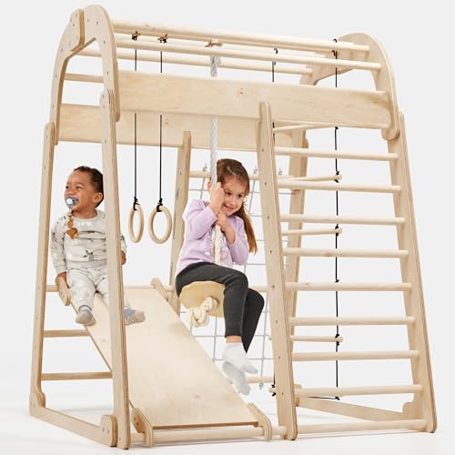 Goodevas Montessori Struttura in Legno per Bambini per Interni ed Esterni, Parco Giochi con Scivolo, Altalena, Parete da Arrampicata, Corda da Arrampicata e Scala a Maglia per Bambini 3-8