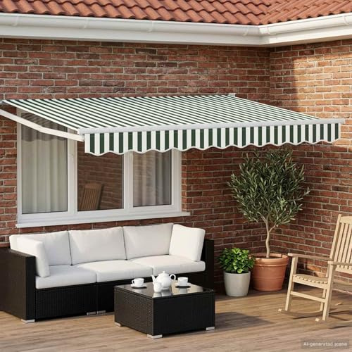Pureyu Elektrische ausziehbare Markise Grün Weiß 3,5 x 2,5 m mit LED Wettersensor wetterfest Sonnenschutz Balkon Terrasse Garten Outdoor Sichtschutz