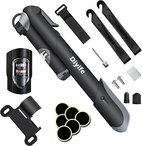 Diyife Bike Pump with Pressure Gauge, [120 PSI] [17 in 1] Mini Bicycle Pump for All Bikes, Ball Pump with Needle, Glueless Patch Kit, Cycle Valve Caps and Frame Mount, Fit Presta and Schrader Valve