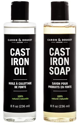 Caron Doucet - Cast Iron Care Bundle - Cast Iron Oil & Cast Iron Soap - 100% Plant Based Formulation - Helps Maintain Seasoning on All Cast Iron Cookware. (8oz Bullet)