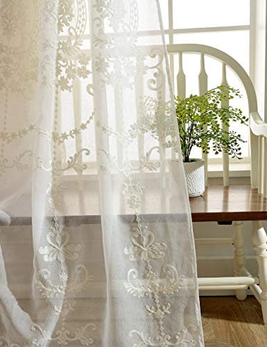 Lactraum Vorhang Wohnzimmer mit Ösen Weiß Transparent Bestickt Vintage Klassische Voile (Dichte) 300 x 245 cm