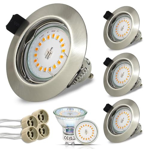 HiBay 4er LED Einbaustrahler Set GU10 Einbaurahmen 5W Warmweiß LED Spot 230V Edelstahl Gebürstet Einbauspot Rund inkl.GU10 Fassung