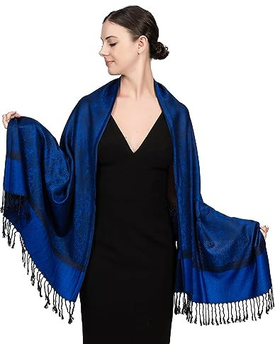 Achillea Zweifarbiger Vintage-Schal aus Jacquard, Paisleymuster, Pashmina-Schal, Deep Blue Black