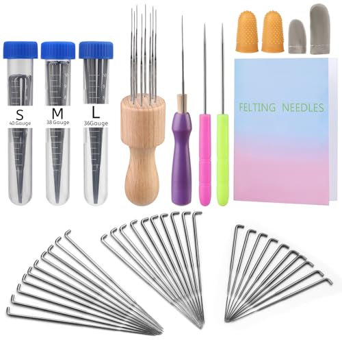 Riddur Filznadeln Set für Anfänger, 3 Größen Filzen Nadeln, Filzwolle Nadeln mit Holzgriff, Ahlen, Fingerspitze, Anleitung und anderen Werkzeugen für Wollefilzen Diy