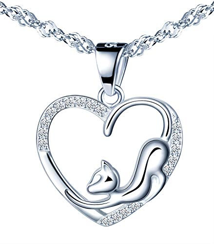 MicLee Damen Halskette 925 Sterling Silber Zirkonia Leeres Herz Katze Anhänger Kette mit Geschenkbeutel Super Geschenk für Paar Pärchen Mutter Tochter