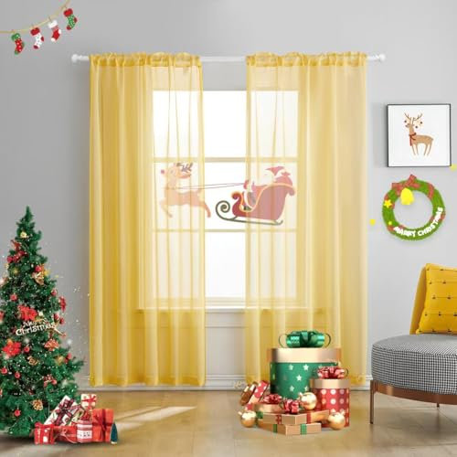 TOAVA DECO Buttergelbe transparente Vorhänge, 249 cm lang, 2 Paneele, halbkünstlicher Leinen, gelb, durchsichtiger Vorhang für Schlafzimmer, Wohnzimmer, Mädchen, Kinderzimmer, 2 Paneele, 132 x 249 cm