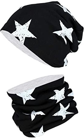 TupTam Unisex Kinder Beanie Mütze Schlauchschal Set, Farbe: Sterne Weiß/Schwarz, Größe: 56-58