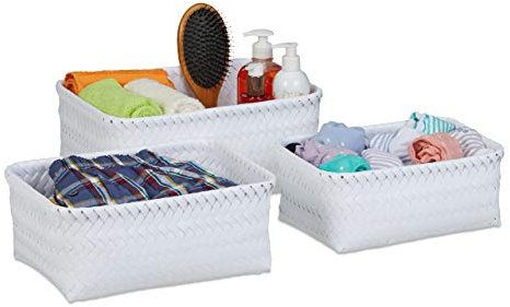Relaxdays Aufbewahrungskorb 3er Set, Körbchen in 3 Größen, geflochten, Korb Badezimmer, Dekokorb Kunststoff, eckig, weiß