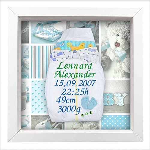Tanjo Bestickte Windel im Rahmen weiß Junge, süßes Geschenk zur Geburt I Taufgeschenk, mit Kristallen verziert | Name, Datum, Uhrzeit, Gewicht und Größe | Nachhaltiges Babygeschenk