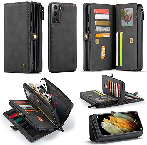 Hülle Für Samsung Galaxy S21/S21 Plus/S21 Ultra, Mini Wallet Case mit Kartenfächer 2 in 1 Abnehmbar Magnet PU Leder Etui Flip Cover Geldbörse,Black,S21Plus