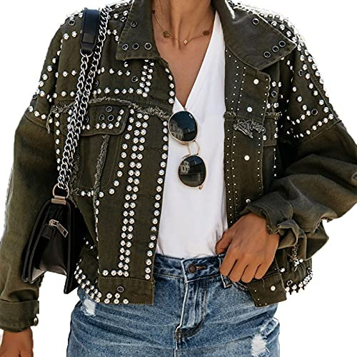 Each women Damen Jeansjacke Mit Nieten Basic Denim Kurzjacke