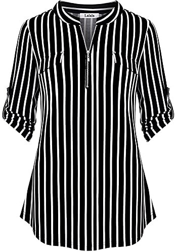 Lalala Damen Bluse Gestreift Langarmshirt Elegant V-Ausschnitt Tunika Oberteile Freizeit Beruf (Schwarz,XXL)