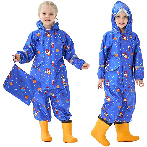 Fewlby Regenanzug Kinder Regenjacke Wasserdicht Regen Overall Jungen Mädchen Einteilig Regenmantel mit Kapuze Regenponcho Outdoor Regenkleidung, S 1-3 Jahre