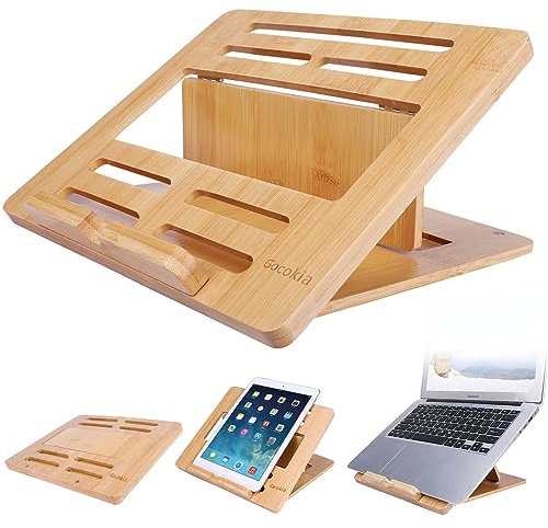 Gocokia Bamboo Fodable Laptop Notebook Riser Stand Desktop Adjustable with 4 Angles Notebook Mount Holder, Folding Laptop Cooler Stand for Macbook,Tablet,