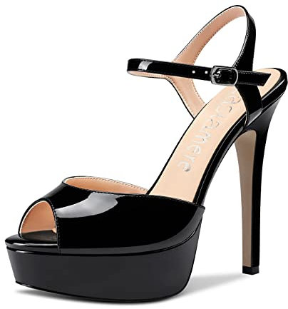 Castamere Donna Spillo Alto Piattaforma Tacco Aperte sulla Punta Sandali Cinturino alla Caviglia Slingback Fibbia Pumps da Matrimonio Feste Dress Scarpe 13CM Heels Nero Verniciata 43 EU