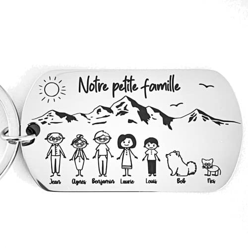 Porte clé personnalisé famille en inox avec décor montagne, idée cadeau de noël 2022, cadeau papa, fête des pères, des mères
