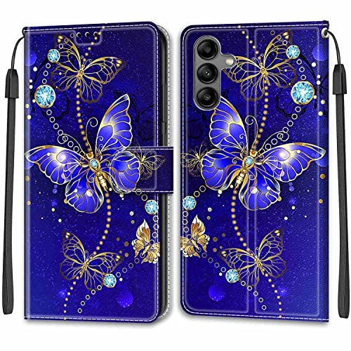 Samsung A14 Case Shockproof, Samsung A14 5G/4G Phone Case Leather Wallet Book Flip Cases with Magnetic Stand View Card Holder Protector Cover for Samsung Galaxy A14 5G/4G, Blue Butterfly