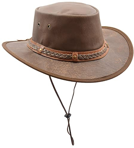 Real Leather Cowboy Hat with Removable Chin Strap Aussie Autralian Bush Style HL001 Brown