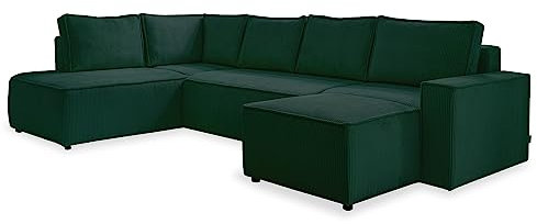 MIUFORM Cord Sofa U Form 322 cm x 194 cm x 89 cm, Ecksofa mit Schlaffunktion und Bettkasten- Brave Dave U- Wohnlandschaft U Form mit Schlaffunktion, Sofa Cord (Flaschengrün, Links ausgerichtet)