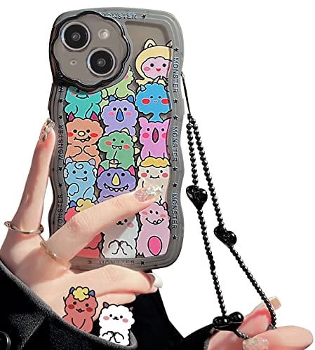NITITOP Compatible for iPhone 13 Case, Cute Clear Cartoon Bear Animal with Heart Beaded Lanyard Wrist Strap for Women Girly, Soft TPU Full Protective Cover- Monster