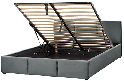 Beliani Bett Samt Dunkles Grau mit hohem Kopfteil Lattenrost 140x200cm Bettkasten Bousse