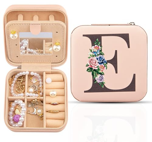 Boîte à bijoux de voyage avec miroir, organisateur de porte-bijoux de voyage, organisateur de bagues, de colliers et de boucles d'oreilles, cadeaux pour les femmes et les filles,E