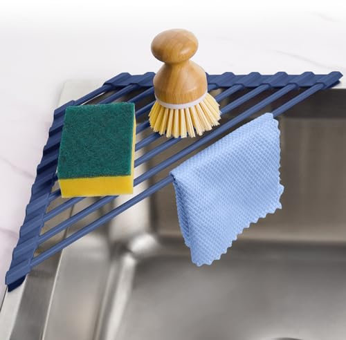 Tomorotec Escurridor de platos triangular compacto con revestimiento de silicona para esquina del fregadero, organizador plegable de acero inoxidable y estante de almacenamiento (azul oscuro)