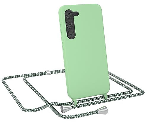 EAZY CASE - Liquid Silikon Handykette - kompatibel mit Samsung Galaxy S23 Soft Silikon Slim Cover, 3-Schichten Kratzfest in Grün mit Halsband Hellgrün Camouflage Metallstücke Silber