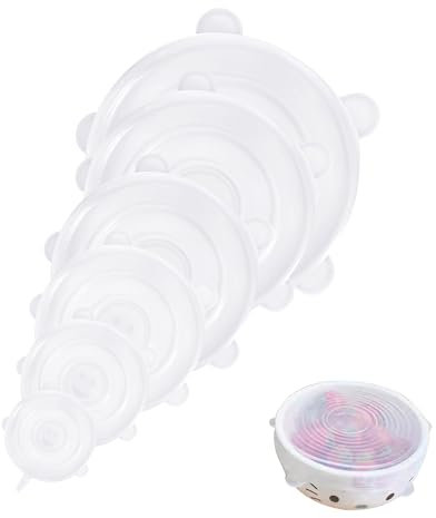 Mebamce 6pcs Silicone Stretch Lids Silicone Food Covers Reusable Food Lids Fit All Round Containers, Cups, Plates and Bowls, 6 Sizes (White)