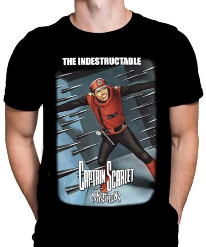 Indestructible Capt Scarlet Mens T-Shirt Science Fiction Print, Black Cotton T-Shirt, TV Show Poster Tee