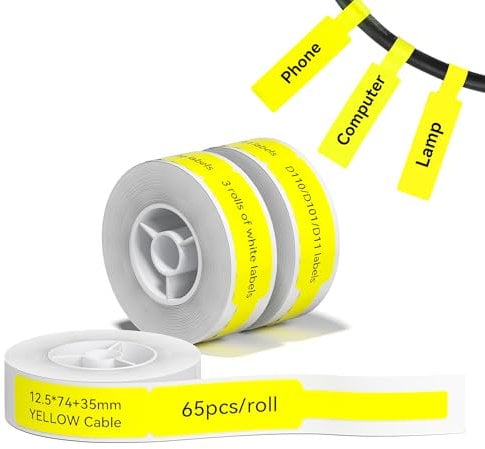 NIIMBOT 3 Roll Cable Lable Maker Tape 0.49 x 4.29 (12.5×109mm) Printer Sticker Paper with Self-Adhesive for D11/D110/D101 Label Maker (Yellow)