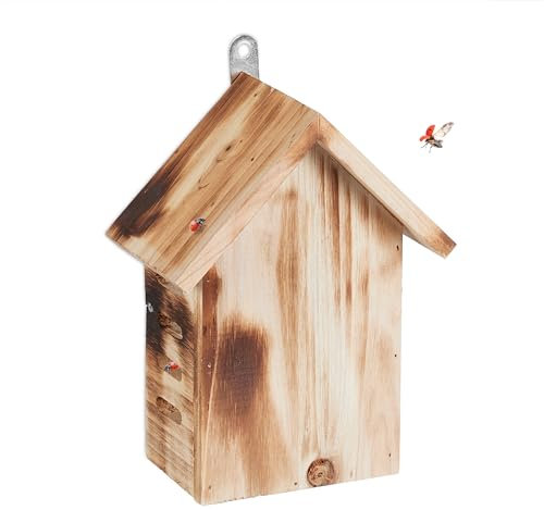 Relaxdays Marienkäferhaus, Marienkäferhotel Garten, zum Aufhängen, Holz, D, geflammt