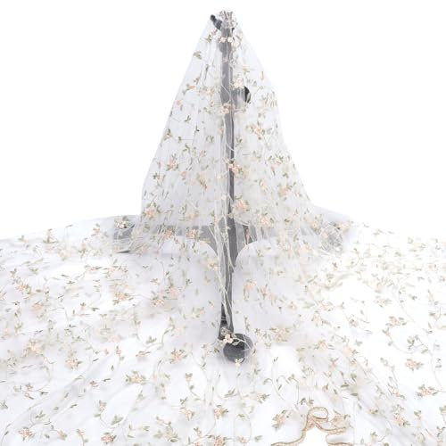 NBEADS 3 Yards Floral Mesh Spitze Stoff, 130cm Breite Organza bestickter Tüll-Stoff Blumen Blätter Rebe Spitze Trim für DIY Hochzeit Handmade Kleidung Abendkleid Crafts Supplies, Floral White