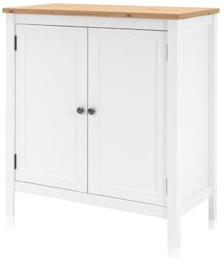 KHG Kommode 2-türig mit Einlegeboden Landhaus, Sideboard aus Holzwerkstoff weiß foliert, Deckplatte Holzoptik Asteiche foliert, Silberne Metall-Griffe, 80 x 90 x 40 cm (B/H/T)