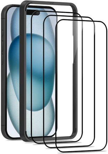 Beukei 3 Stück Panzer Schutz Glas für iPhone 15 mit Installationsrahmen, Schutzfolie, HD Glas Displayschutz, 9H Härte, Anti- Kratzer,Blasenfrei, Panzerfolie