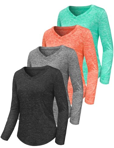 4 Pack Women's Gym Shirts Tops Long Sleeve Tee Yoga Running Top Workout T-Shirt Lightweight Moisture Wicking Quick Dry UPF 50+ Sun Protection Loose Fit V-Neck for Ladies Set3 M