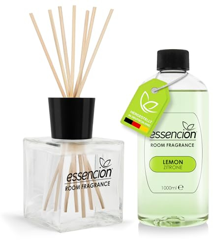 essencion Lemon Raumduft Set – Glas Diffusor + 1000ml Refill – In 14 verlockenden Düften erhältlich (Lemon Set 200ml+1000ml)